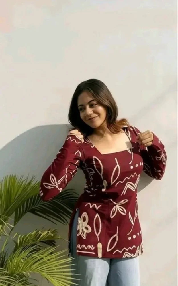 IrisVastram Marron Ladies Printed Cotton Short Kurti