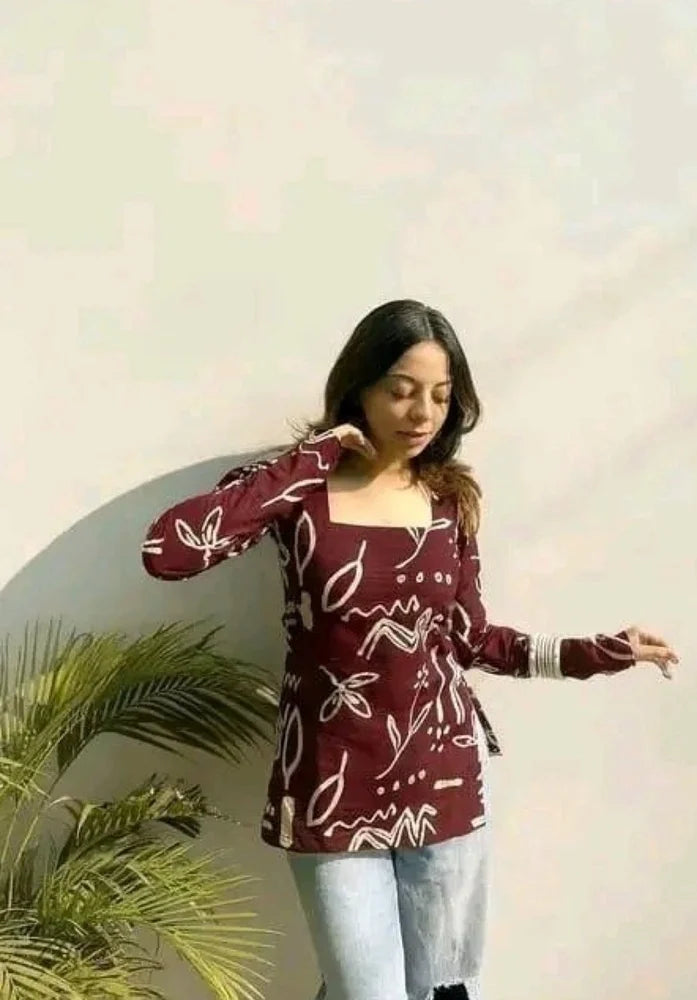 IrisVastram Marron Ladies Printed Cotton Short Kurti
