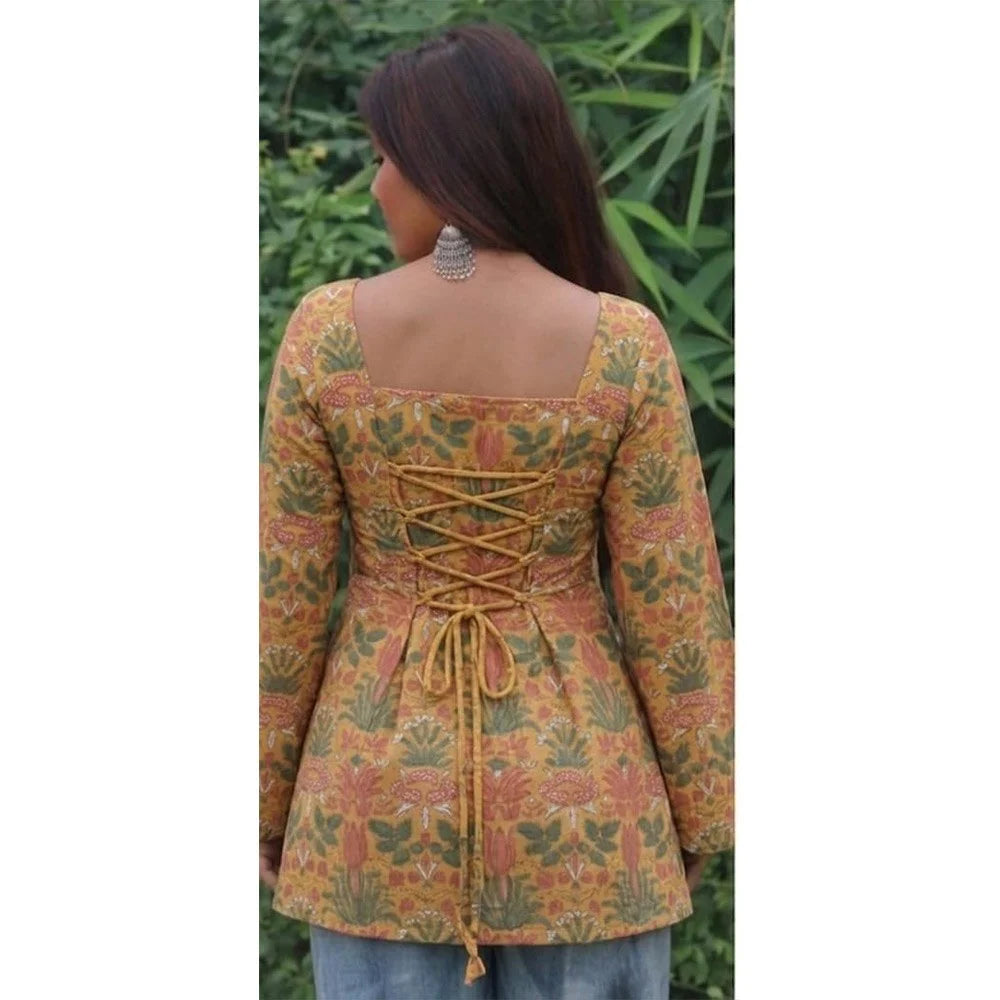 Mustard Yellow Printed Cotton Short Kurti