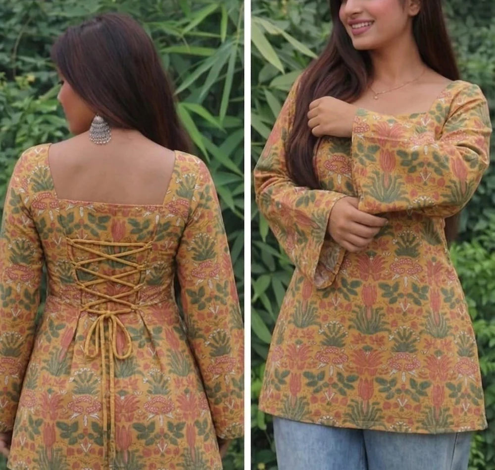 Mustard Yellow Printed Cotton Short Kurti