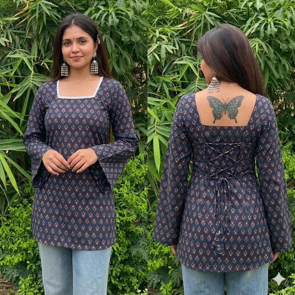 IrisVastram Printed Cotton back Dori Short Kurti