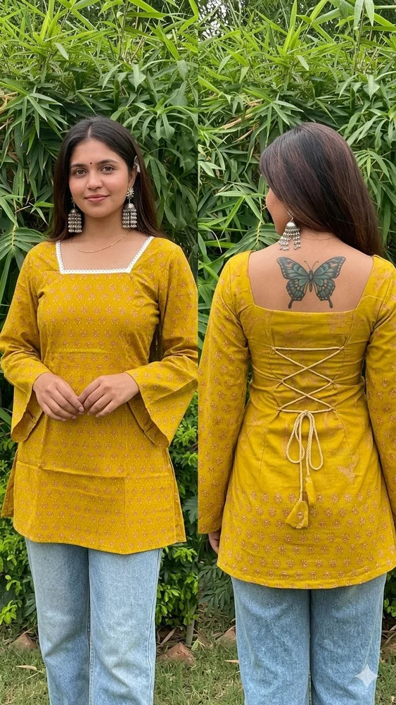 IrisVastram Printed Cotton back Dori Short Kurti