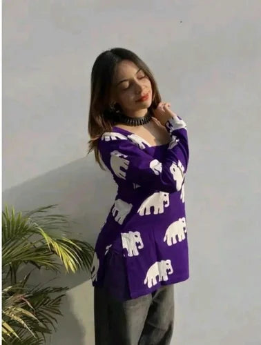IrisVastram Purple Ladies Printed Cotton Short Kurti